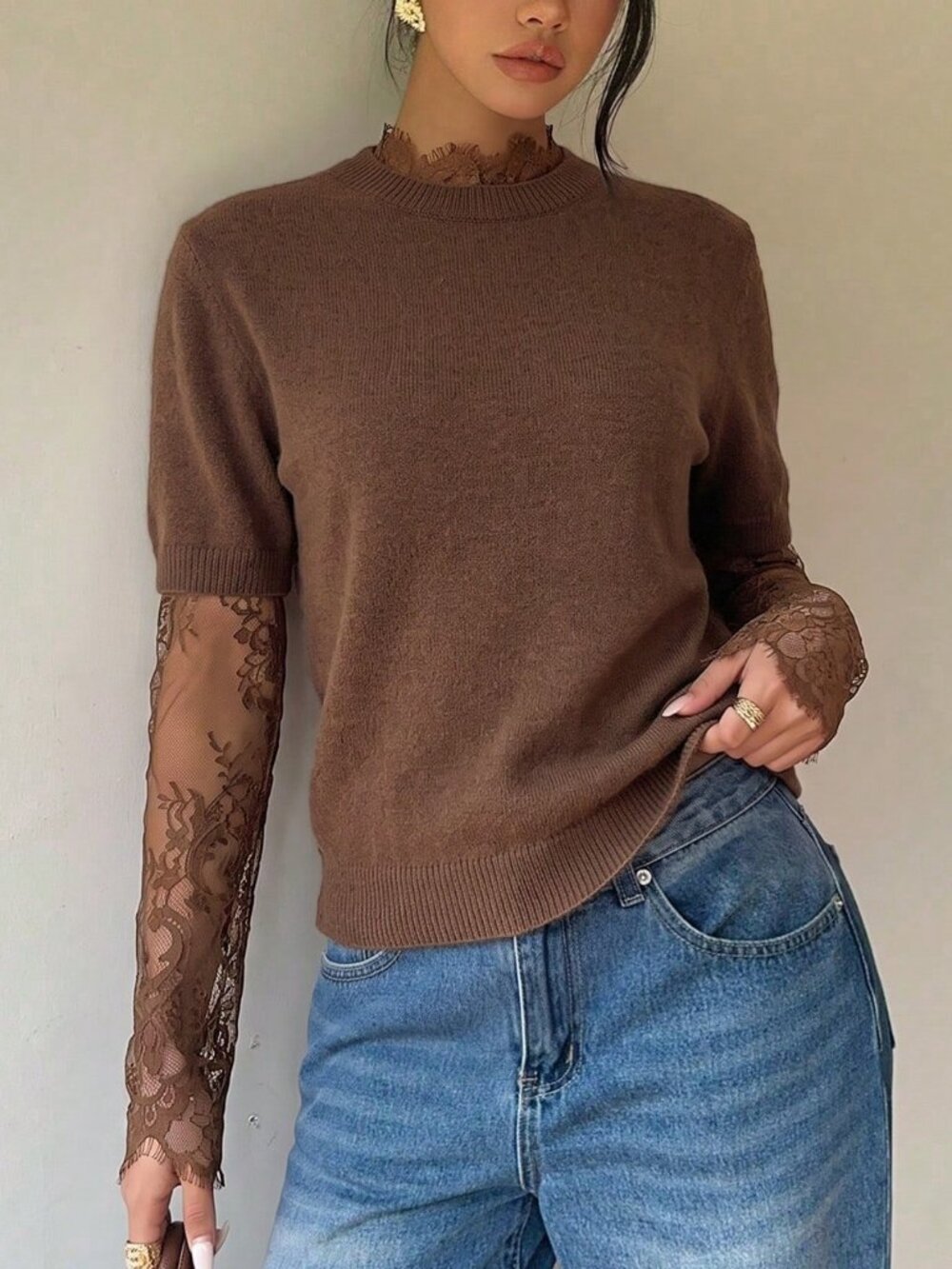 Brown Casual Women's Lace detailed Plush Knit Sweater top - Picture 7 of 9
